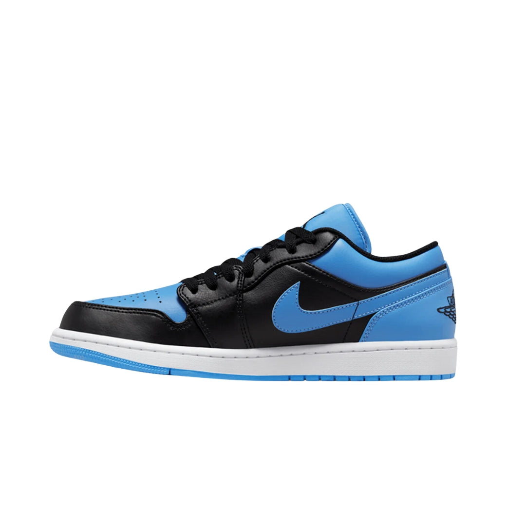 Nike Air Jordan 1 Low "UNC Toe" sneakers featuring a combination of light blue and white leather with black accents. The design includes the iconic low-top silhouette, a black swoosh, and a white midsole. The shoes are showcased against a clean, neutral background.



