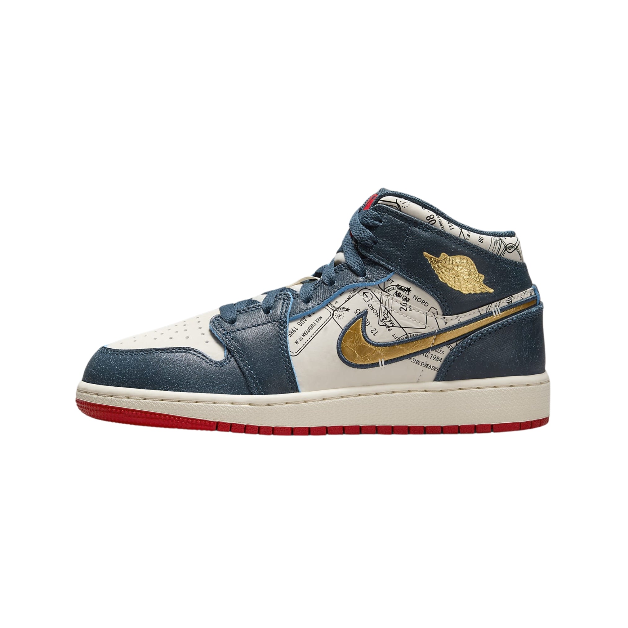 Nike Air Jordan 1 Mid "Armoury Navy Tour" (Women’s) sneakers featuring a deep navy blue leather upper with contrasting white accents. The mid-top design includes a classic Air Jordan silhouette, a white swoosh, and a sleek white midsole, displayed against a neutral background to highlight the shoe's elegant colorway.



