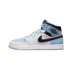 Nike Air Jordan 1 Mid SE "White Ice Blue" sneakers featuring a clean white leather upper accented with soft ice blue details. The mid-top design includes a classic silhouette, a blue swoosh, and a white midsole, showcased against a neutral background to emphasize the fresh, stylish color scheme.