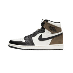 Nike Air Jordan 1 Retro High OG "Dark Mocha" sneakers featuring a rich brown leather upper with white and black accents. The classic high-top design includes a white midsole and the iconic Air Jordan branding, showcased against a neutral background to highlight the shoe's luxurious color palette and timeless silhouette.



