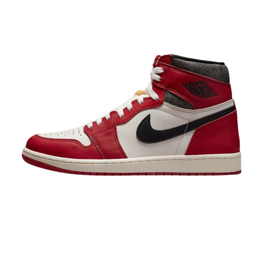  Nike Air Jordan 1 Retro High OG "Lost and Found" sneakers featuring a vintage-inspired design with a white leather upper, red and black accents, and a cracked leather effect. The classic high-top silhouette includes a white midsole and the iconic Air Jordan branding, displayed against a neutral background to emphasize the shoe's nostalgic aesthetic and unique detailing.



