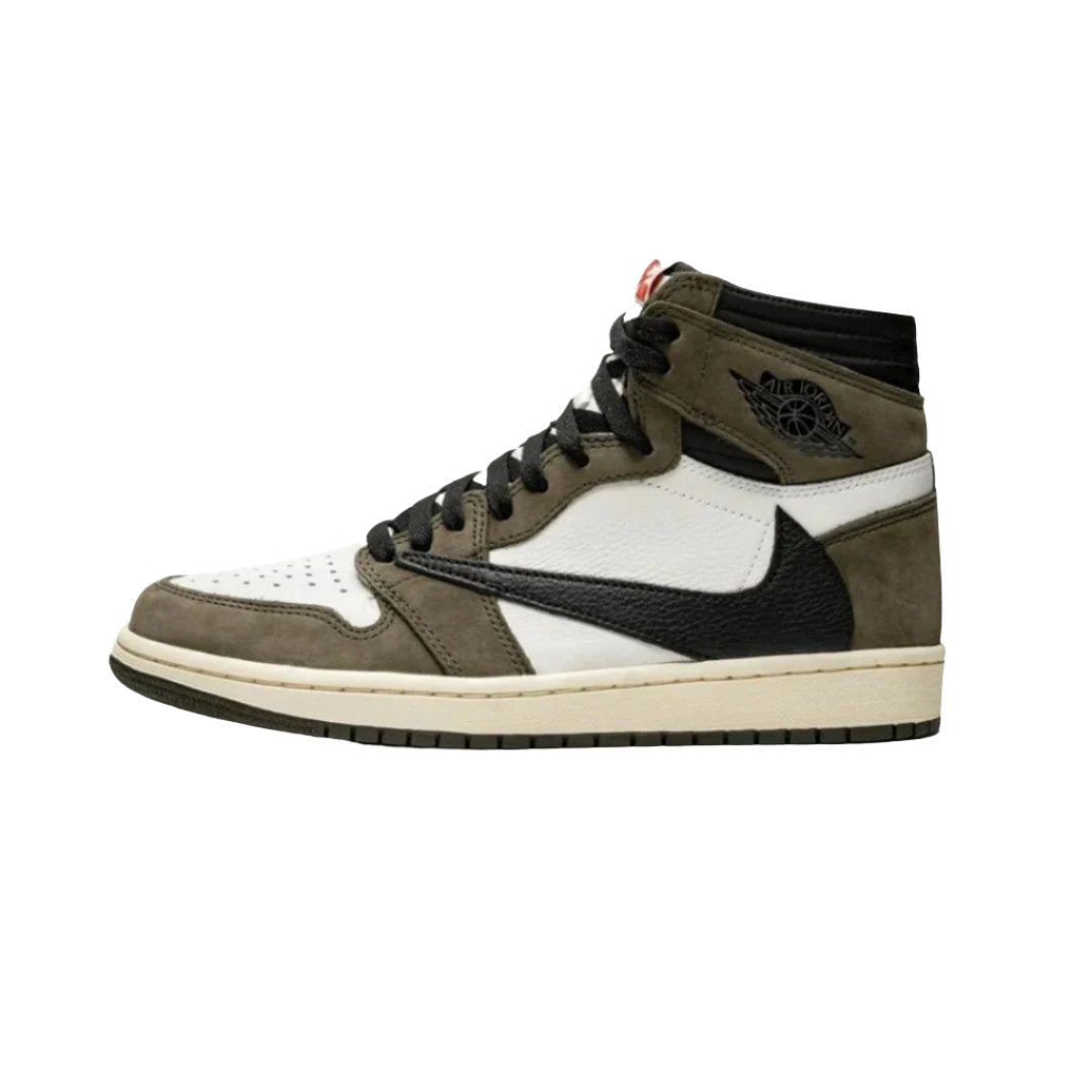 Nike Air Jordan 1 Retro High "Travis Scott" sneakers featuring a unique brown leather upper with white and black accents. The design includes a distinctive backwards swoosh and hidden pocket on the collar, set against a neutral background to highlight the collaboration's bold style and contemporary flair.



