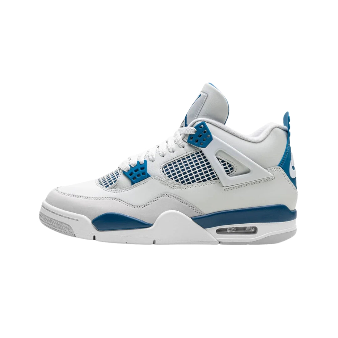 Nike Air Jordan 4 Retro "Military Blue" (2024) sneakers featuring a crisp white leather upper with military blue accents on the eyelets, collar, and outsole. The iconic mid-top design includes black detailing and a visible Air unit, showcased against a neutral background to highlight the shoe's classic and bold colorway.



