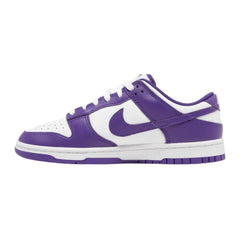 Nike Dunk Low "Championship Court Purple" sneakers featuring a rich purple leather upper with white accents. The classic low-top design includes a white midsole and matching laces, showcased against a neutral background to highlight the shoe's striking color scheme and basketball-inspired style.



