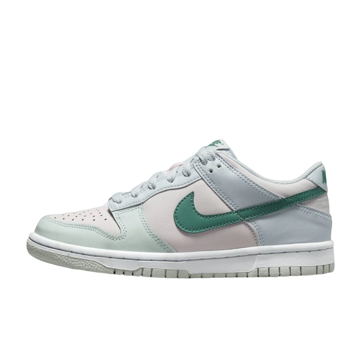 "Nike Dunk Low Mineral Teal (GS) sneakers featuring a vibrant teal leather upper with contrasting white accents. The design includes a low-top silhouette, a padded collar, and the classic Swoosh logo on the sides."