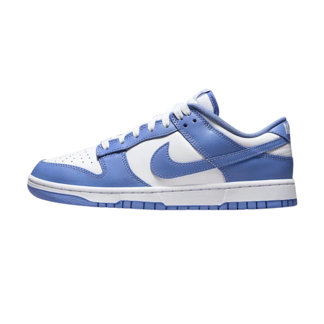 Nike Dunk Low "Polar Blue" sneakers featuring a bright white leather upper with striking polar blue accents. The classic low-top design includes a white midsole and matching laces, showcased against a neutral background to highlight the vibrant color contrast and sporty aesthetic.



