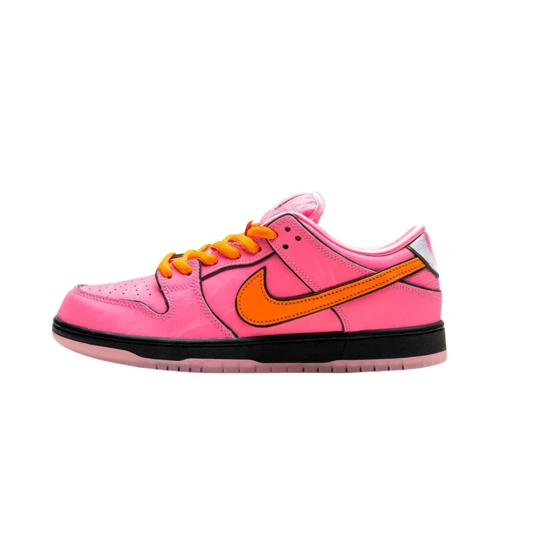 Nike SB Dunk Low The Powerpuff Girls Blossom sneakers. Inspired by the iconic cartoon series, these kicks feature a vibrant design that pays homage to the courageous leader, Blossom.