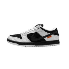 Nike SB Dunk Low 'TIGHTBOOTH' sneakers, featuring a sleek black suede upper with contrasting white and gray accents. The design includes unique branding on the tongue and heel, complemented by a white midsole and a black outsole, creating a stylish and minimalist look."



