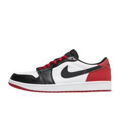  Nike Air Jordan 1 Retro Low OG "Black Toe" (2023) sneakers featuring a classic white leather upper with black and red accents. The low-top design includes a black swoosh and a white midsole, displayed against a neutral background to emphasize the iconic colorway and timeless silhouette.



