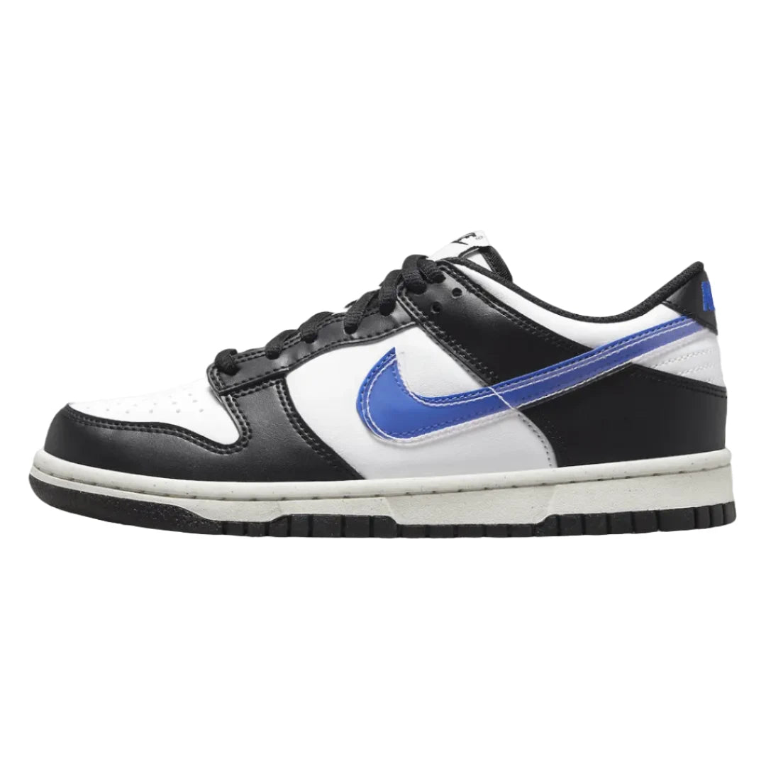 Nike Dunk Low "Blue Swoosh Panda" sneakers featuring a black leather upper with white accents and a vibrant blue swoosh. The classic low-top design includes a white midsole and matching laces, displayed against a neutral background to highlight the shoe's bold color contrast and stylish appeal.



