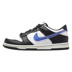 Nike Dunk Low "Blue Swoosh Panda" sneakers featuring a black leather upper with white accents and a vibrant blue swoosh. The classic low-top design includes a white midsole and matching laces, displayed against a neutral background to highlight the shoe's bold color contrast and stylish appeal.



