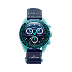 Swatch x Omega Bioceramic Moonswatch Mission to Earth - POLAR LIGHTS. This stunning timepiece merges Swatch's playful ingenuity with Omega's iconic design, offering a bioceramic case that’s both durable and eco-friendly.

