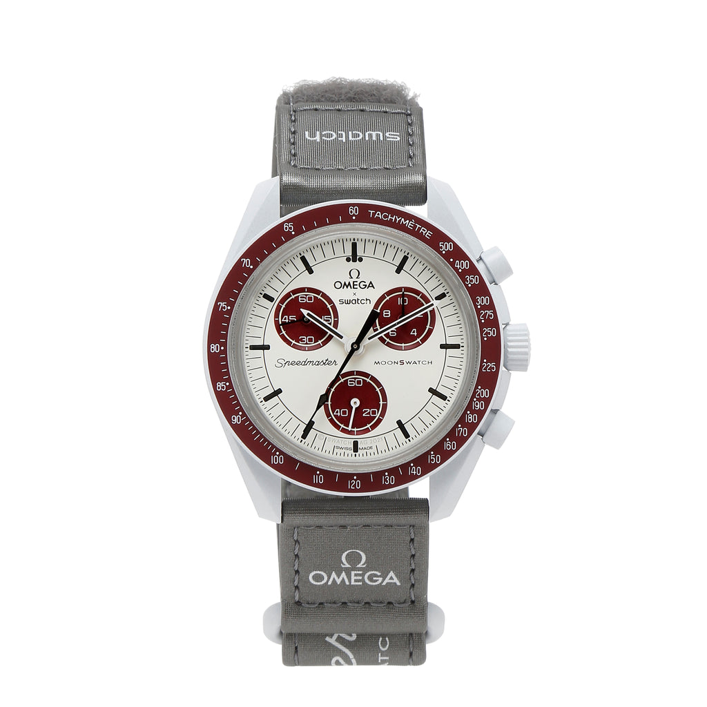 SWATCH X OMEGA BIOCERAMIC MOONSWATCH MISSION TO PLUTOthe dark grey VELCRO strap contrasts with the light cool grey tones. The counters and bezel backdrop are in two burgundy tones, while the chronograph seconds hand and subdial hands are in black.
