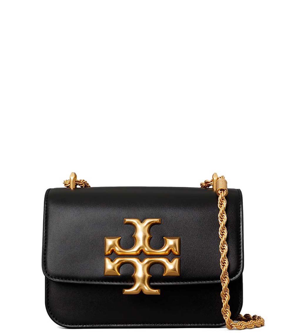 "Tory Burch Black Eleanor Small Shoulder Bag for women, featuring a sleek black design with a sophisticated silhouette. The bag includes a gold-tone logo and an adjustable chain strap, making it a stylish and versatile accessory for various occasions."



