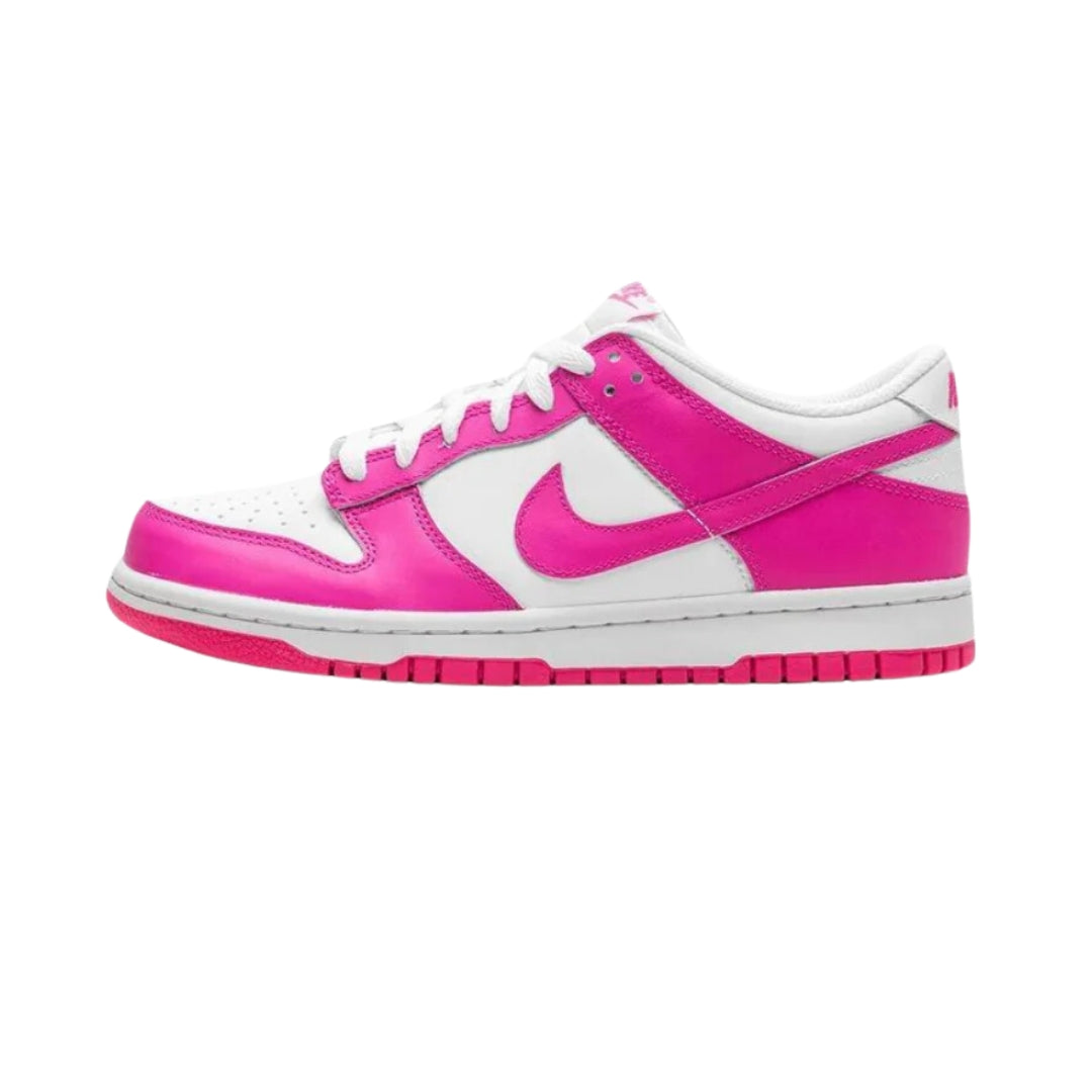 "Nike Dunk Low sneakers for women in the 'Laser Fuchsia' colorway, featuring a bright fuchsia upper with white leather overlays, a low-top design, and a classic rubber outsole, perfect for a trendy and sporty look."



