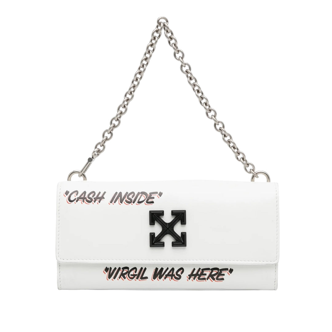 
off-white-white-jitney-quote-wallet-on-chain This wallet on chain features a leather body, a chain strap, a top flap with a magnetic snap button closure, an exterior back slip pocket, and interior zip and slip pockets.


