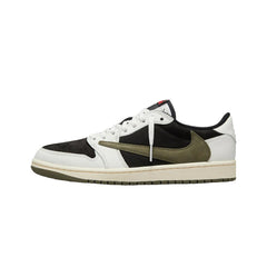 Nike Air Jordan 1 Retro Low OG SP "Travis Scott Olive" sneakers featuring an olive green suede upper with contrasting white and black accents. The design includes a distinctive backwards swoosh and unique detailing, set against a neutral background to highlight the shoe's stylish collaboration and modern aesthetic.



