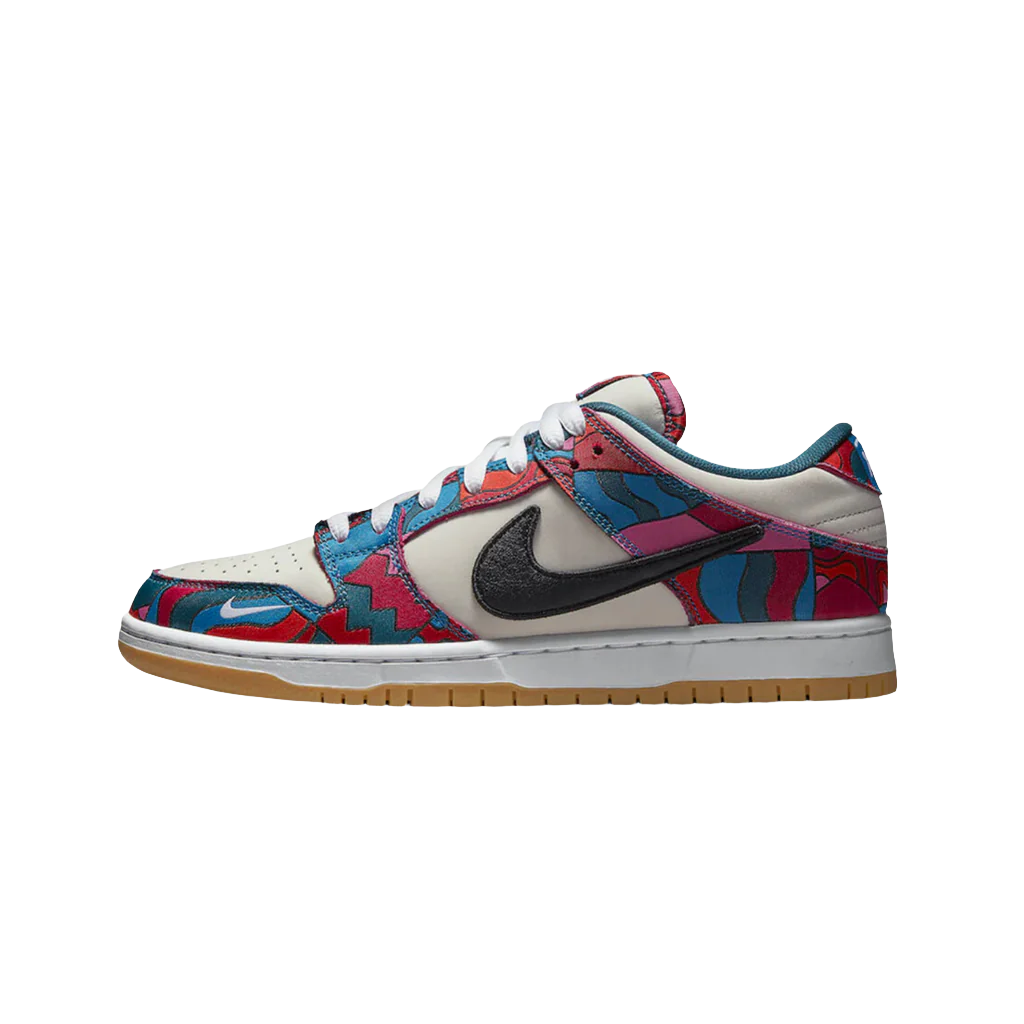 Nike SB Dunk Low Pro Parra Abstract Art sneakers, featuring a vibrant mix of colors including deep red, blue, and yellow, with abstract patterns and a textured finish. The shoes have a white midsole and a gum outsole, showcasing a unique artistic design inspired by Parra's distinctive style."